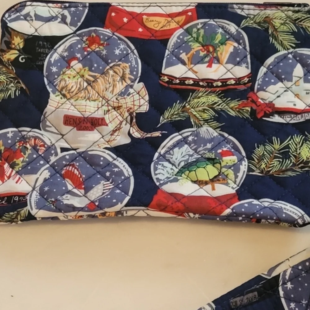 NWT Vera Bradley Winter Snow Globe Blue White Red Quilted Tote and Makeup Bag